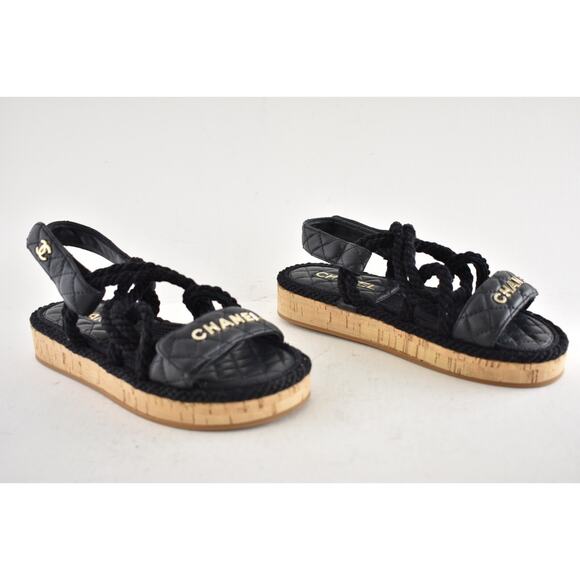 Chanel REV Black Gold Cord Rope CC Quilted Mule Ankle Strap Dad Sandal Flat 36 - Picture 5 of 14